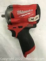 Front angle view of the M12 FUEL stubby impact wrench body showing red and black housing and logo, no battery attached.