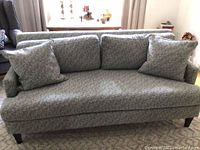 Front view showing entire sofa with three back cushions and two accent pillows.