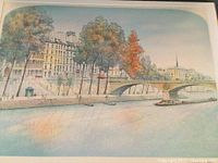 Full view of the lithograph showing a city river scene with buildings, bridge, boats, and autumn trees.