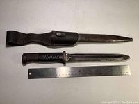Overall view of bayonet and scabbard alongside a 12-inch ruler