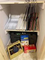 First image showing hangers neatly arranged on a shelf with a black carry-on bag below and a yellow shoe care caddy in front containing polish and brushes, with boxed vacuum bags and iron visible.