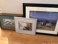 Three framed prints arranged on floor: a panoramic farmhouse scene in wooden frame, a small print with a white mat and raven imagery in silver frame, and the smallest framed print with countryside cottage, side by side.