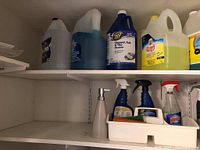 Cleaning liquids and spray bottles on shelf showing variety of brands and partial product levels
