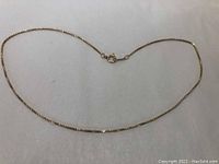 Full view of delicate 10k gold ladies neck chain laid flat on a white surface.