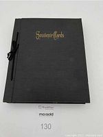 Front cover of a black souvenir postcard album with gold lettering "Souvenir Cards".