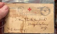 Front of Soldiers' Mail postcard showing American Red Cross logo, handwritten address, and postal marks