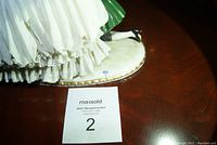 Bottom of porcelain figurine showing the Blue Crown maker's mark on the base with the cloth skirt above it.