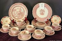 Full set showing 5 Georgian Series plates with 8 Georgian Series teacups and saucers paired with 5 Victorian Series plates. Includes 2 Homer Laughlin fruit bowls and an extra Spode saucer visible at the back.