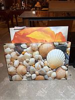 Both canvas art pieces visible together, seashells print in front and flower print behind.