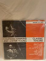 Front cover of the Coleman Hawkins and Lester Young Classic Tenors vinyl record showing musicians' photos and album title.