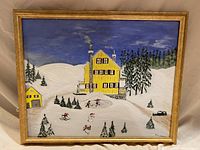 Full view of a folk art winter landscape painting. Yellow house, cabin, pine trees, small skiers and snowmen in snow.