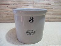 Front view of the Medalta 3 gallon crockery pot showing the number '3' marking on the front and overall shape.