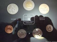 Top view of the eight coins in the specimen set inside the display case showing logos and text
