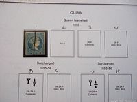 Page from album showing vintage Cuba stamps from 1855 featuring Queen Isabella II and surcharged variants with detailed labels and one used stamp affixed.