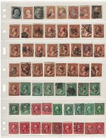 Front side showing variety of used US stamps in red, green, blue, and orange colors, arranged on a plastic album sheet.