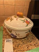 Overall view of covered casserole dish angled on countertop