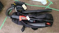 Black & Decker cordless pole saw and Poulan Pro leaf blower laid on floor with blower tubes and collection bag.