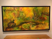 Full view of the large framed abstract acrylic painting showing overall composition and colors.