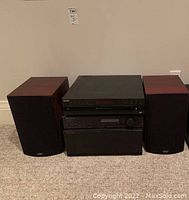 Front view showing two Paradigm speakers flanking stacked Sony and Anthem units.
