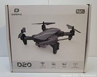 Front view of the Deerc D20 drone box showing the drone image and key features.