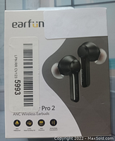Photo of the retail box showing Earfun Air Pro 2 ANC Wireless Earbuds, black color, with image of earbuds and partial specifications.