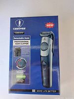 Front box showing product image, branding, and key features such as detachable blade, speed wheel adjustment, and lithium-ion battery.
