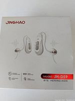 Front of the product box showing image of the two hearing aids and key features: portable charging case, noise reduction, Bluetooth, wear compatible, model JH-D59.