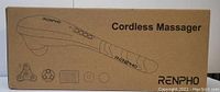 Photo of the unopened boxed Renpho cordless massager showing line drawing of the device and its attachments on the box.