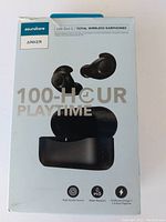Front view of the Anker Soundcore Life Dot 2 wireless earphones box — features 100+ hour playtime, IPX5 sweat resistance, high sound quality, and quick charge capability.