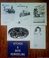 Five vintage reproduction metal signs featuring Harley Davidson and Indian motorcycles and one Kitchen & Bath Remodeling sign, each 18x12 inches, laid out on a surface.