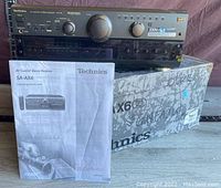 Front view of the black Technics SA-AX6 stereo receiver on its original box with operating manual placed in front.