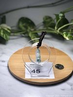 Front view of Burma jade bean-shaped pendant hanging from black adjustable rope on a display stand with a coin for scale.