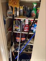 Cleaning supplies and tools arranged on shelving unit showing brooms, mop, bucket, and various sprays and liquids.