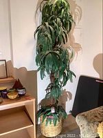 Full view of the faux plant showing the height and leaf arrangement, sitting on the floor near furniture.