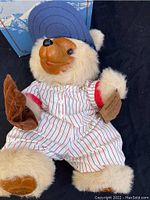 Front view of Raikes Bear Casey in baseball uniform with glove and cap, seated, showing facial features and original box behind.