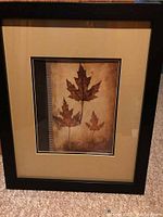Framed print of fall leaves with black frame and beige mat on carpeted floor
