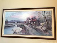 Full view of the large oil on canvas landscape painting showing a river, house, trees, and hills under a cloudy sky.
