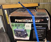 PowerStarPlus 1200 watt generator in original box with handle and strap top view