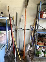 Photo showing multiple garden tools including the long-handled orange tree trimmer, Kobalt aluminum scoop, shovel with blue handle, and various rakes leaning against a wall in a garage.