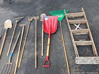 Overview of outdoor tools laid out on asphalt including shovels, rakes, hand tools, and old wooden ladder