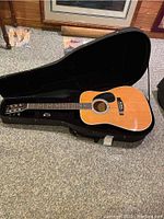 Full view of the guitar inside its open black hard case on carpet flooring.