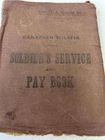 Front cover of a worn Canadian Militia Soldier's Service and Pay Book, showing clear text and fabric wear.