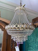 Full view of the chandelier hanging, showing its overall shape, detailing, and condition.