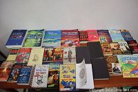 Full spread of various books laid out on a surface including novels, textbooks, and children's books.