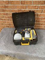 Wagner professional paint sprayer in black carrying case with two paint containers and power cord visible.