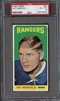 Front of 1964 Topps hockey card showing Vic Hadfield with New York Rangers, graded PSA 6 EX-MT.