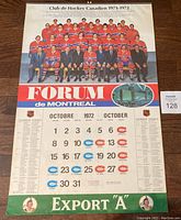 Full color Montreal Canadiens 1971-72 team photo and calendar section with game schedule for October 1972.