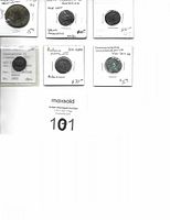 Six individual ancient Roman coins displayed in paper holders with annotations about the coin's identity and approximate value.