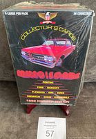 Front view of sealed Muscle Cars collector's cards wax box showing red Pontiac GTO artwork and branding