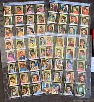 Photo showing an assortment of trading cards featuring colorful portrait images of various entertainers from the 1959-1964 era, arranged in plastic sleeves.